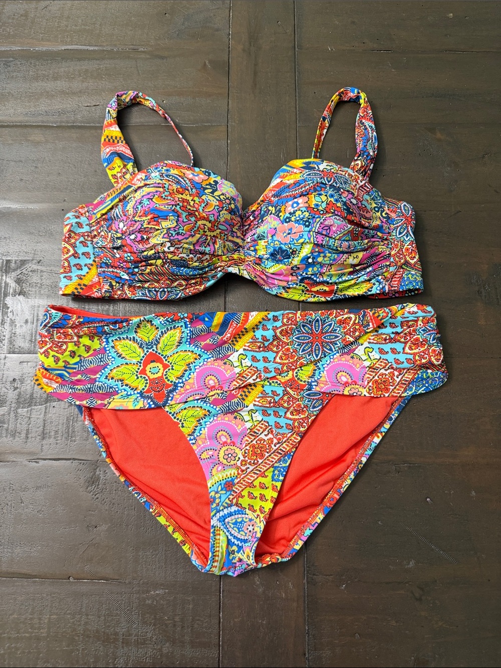 Colorful Paisley Floral Bikini Set with Orange Lining